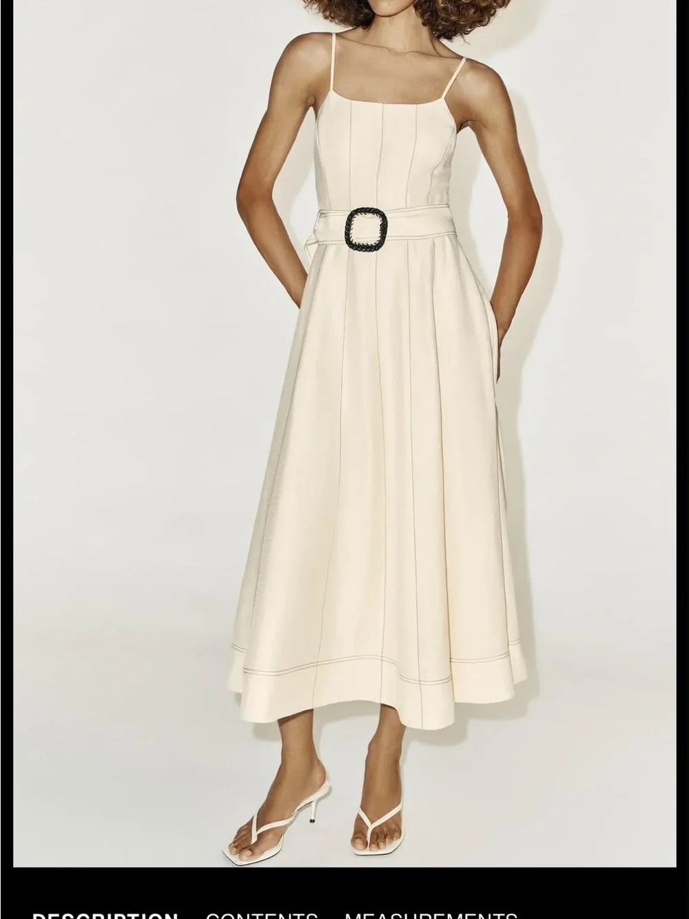 Zara Cream Spaghetti-Strap Midi Dress with Buckle Belt